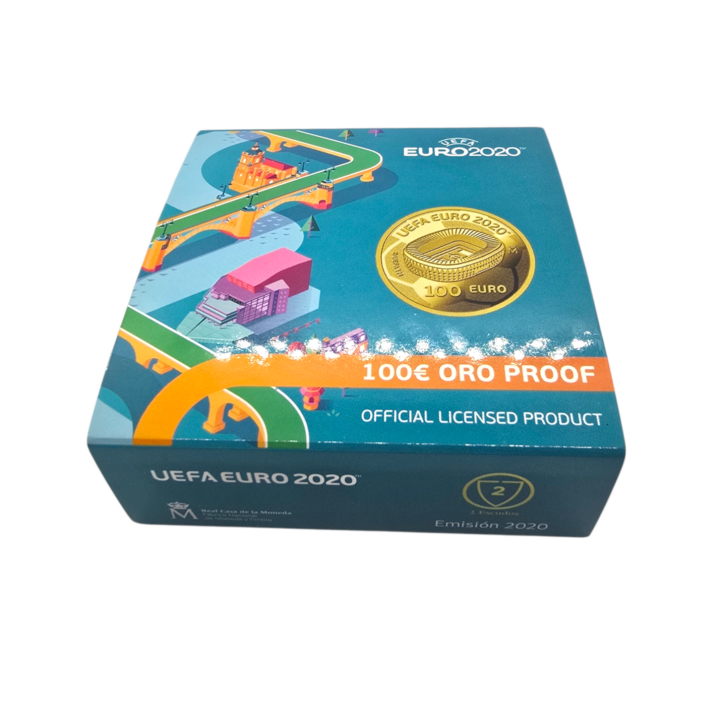 Estuche con moneda conmemorativa 100 euro, UEFA EURO 2020 en oro de 999 milésimas.