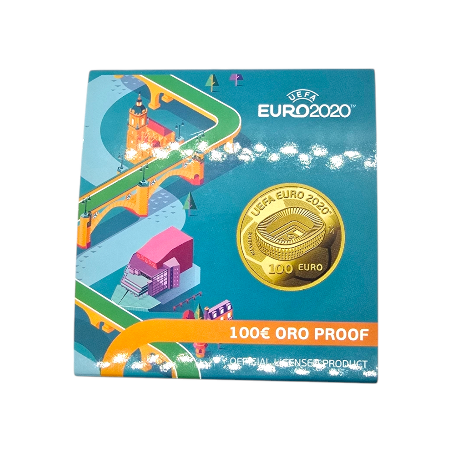 Estuche con moneda conmemorativa 100 euro, UEFA EURO 2020 en oro de 999 milésimas.