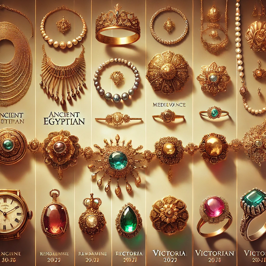 Imagen de la evolución de la joyería: desde collares de oro egipcios, coronas medievales con piedras preciosas, hasta diseños minimalistas modernos. Representa joyas históricas, renacentistas y victorianas, destacando su artesanía a través del tiempo
