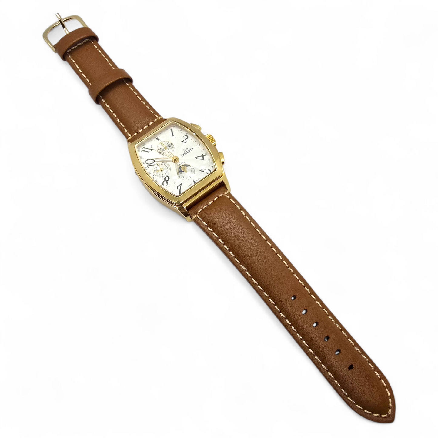 Reloj Delma Klondike Tonneau Cronógrafo Suizo con Fase Lunar Edición Limitada en Oro de 18 Kt