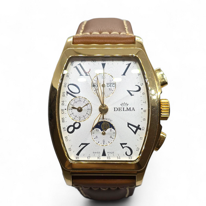 Reloj Delma Klondike Tonneau Cronógrafo Suizo con Fase Lunar Edición Limitada en Oro de 18 Kt