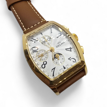 Reloj Delma Klondike Tonneau Cronógrafo Suizo con Fase Lunar Edición Limitada en Oro de 18 Kt