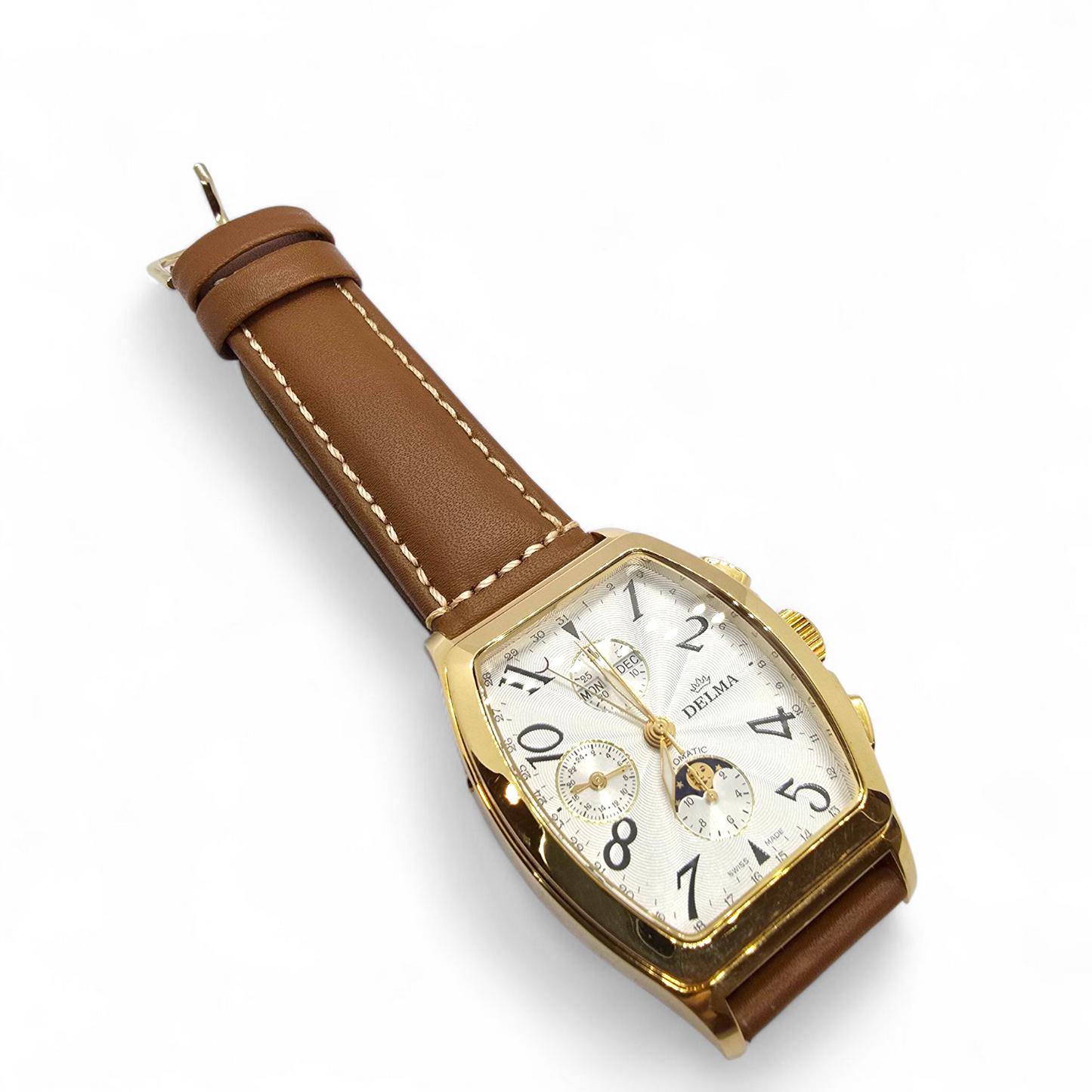 Reloj Delma Klondike Tonneau Cronógrafo Suizo con Fase Lunar Edición Limitada en Oro de 18 Kt