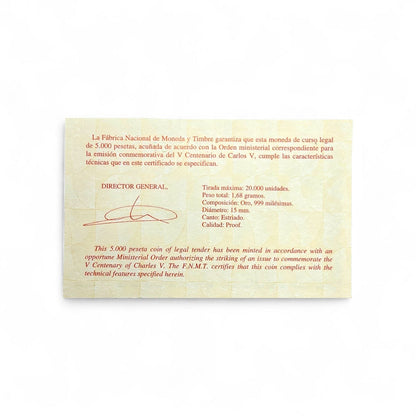Moneda de España 5.000 Pesetas de oro V Centenario Carlos V año 2000 FNMT