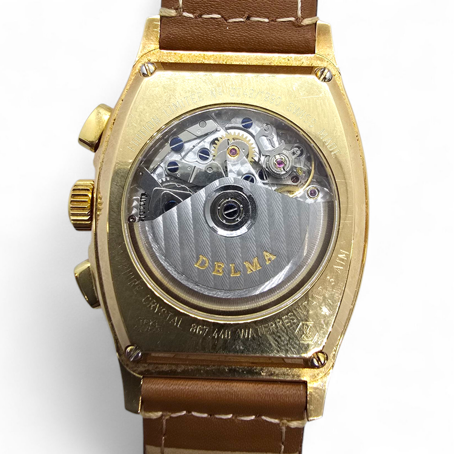 Reloj Delma Klondike Tonneau Cronógrafo Suizo con Fase Lunar Edición Limitada en Oro de 18 Kt