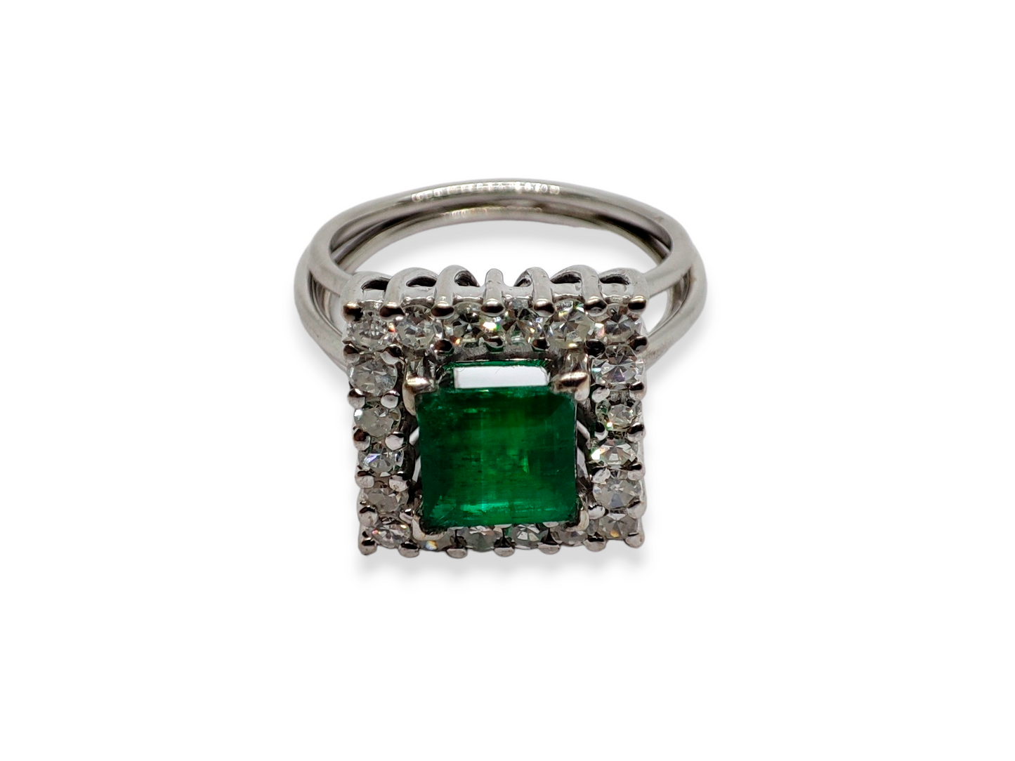 Sortija bailarina esmeralda y diamantes en Oro blanco de 18 K