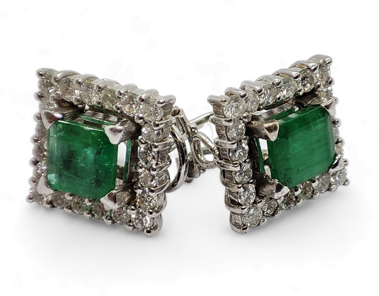 Pendientes bailarina en oro blanco de 18 K con esmerada central y diamantes