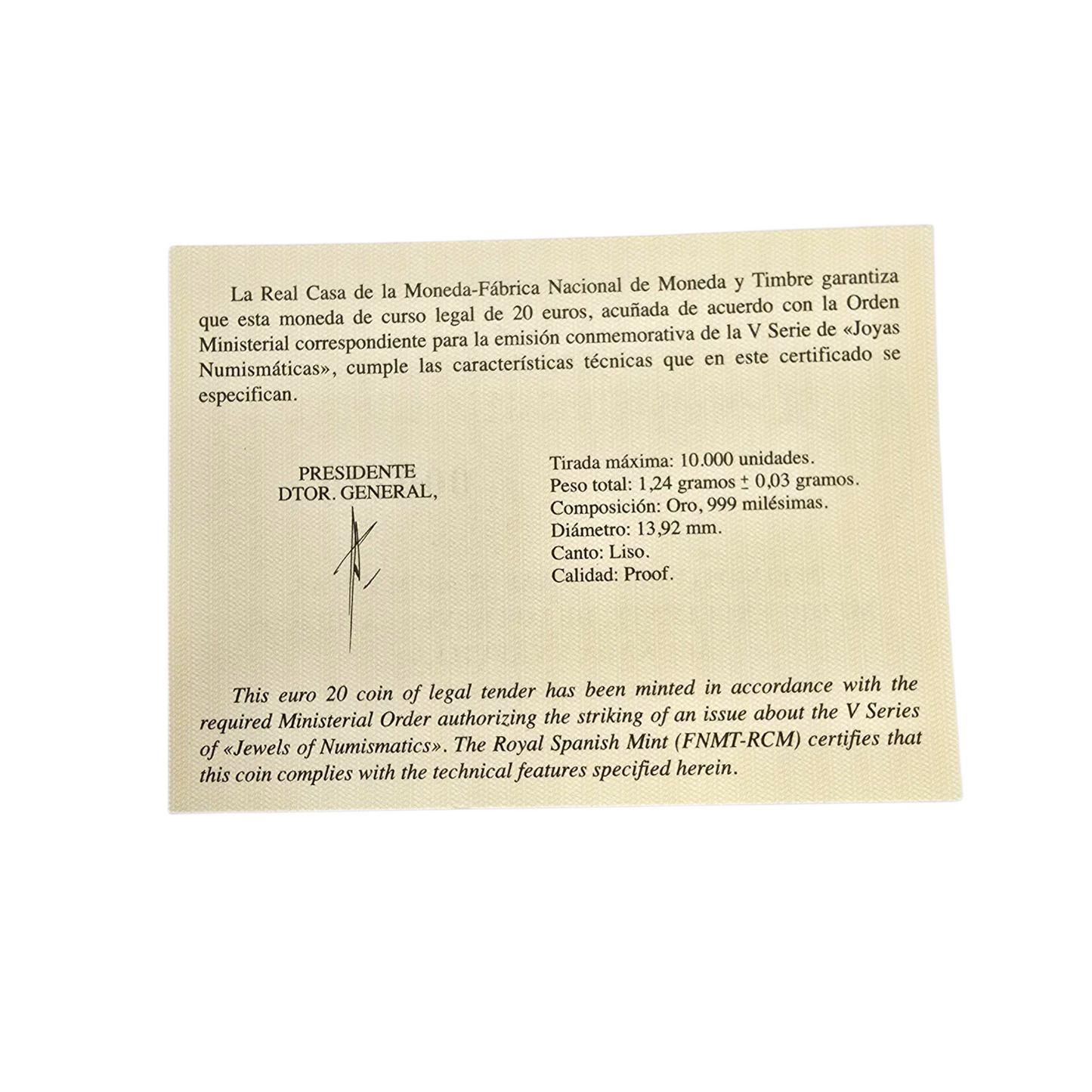 Moneda “Medio Excelente” 20 € – Joyas Numismáticas (FNMT, 2014)