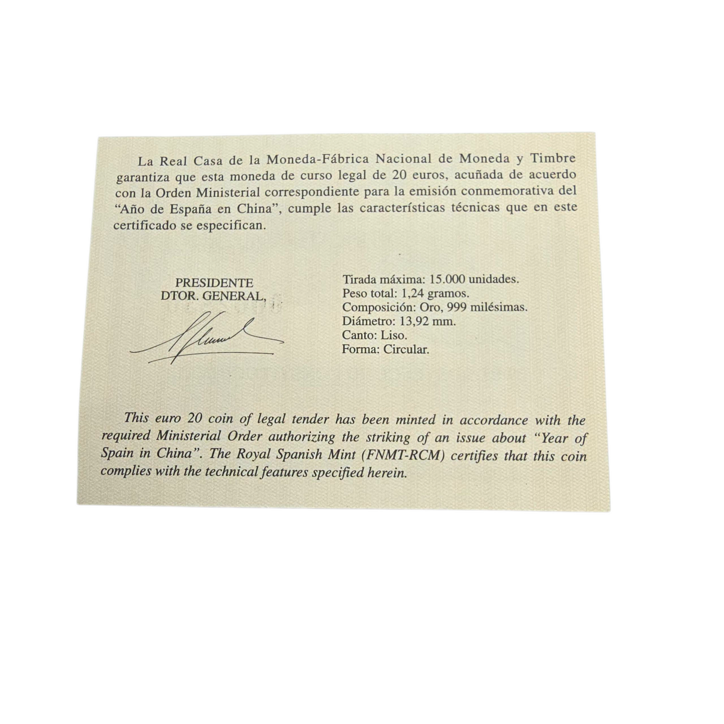 Moneda Oro 20€ 2007 Año de España en China