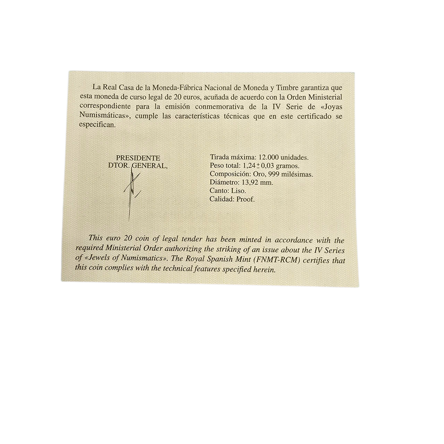 Moneda de Oro 20€ 2012 Dinar Almohade Joyas Numismáticas