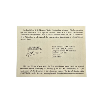 Moneda de 20 € en oro XXV Aniversario de la adhesión de España y Portugal a Europa