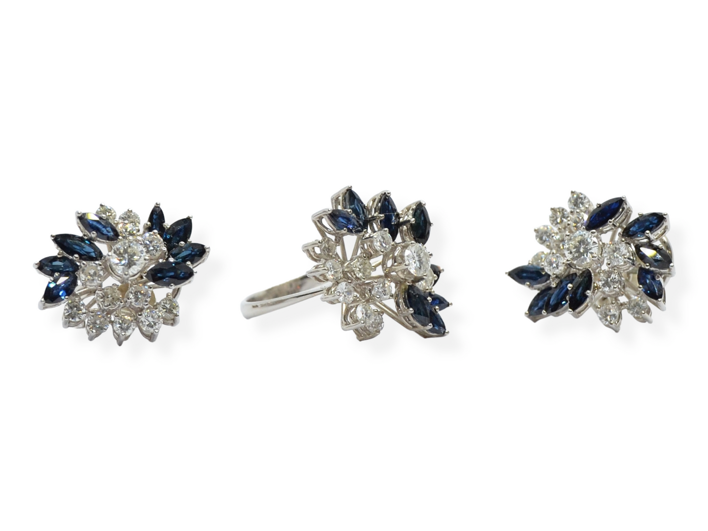 Juego de sortija y pendientes en oro blanco 18k, zafiros y diamantes.