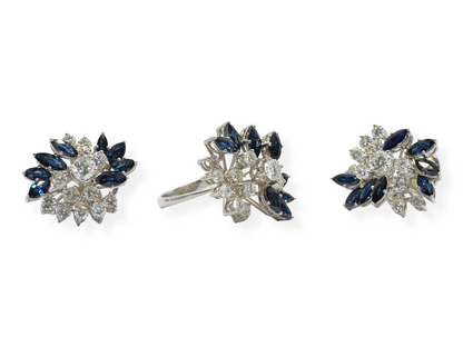 Juego de sortija y pendientes en oro blanco 18k, zafiros y diamantes.