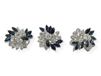 Juego de sortija y pendientes en oro blanco 18k, zafiros y diamantes.