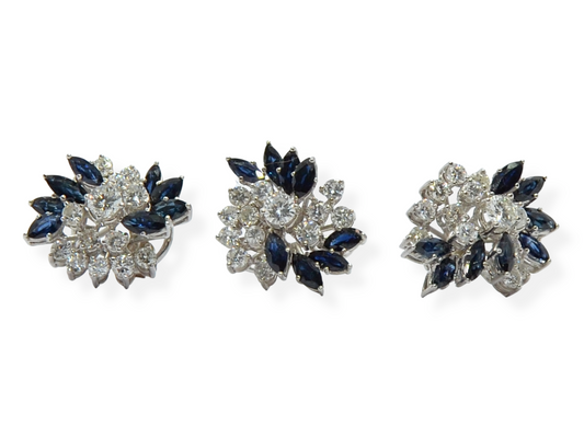 Juego de sortija y pendientes en oro blanco 18k, zafiros y diamantes.
